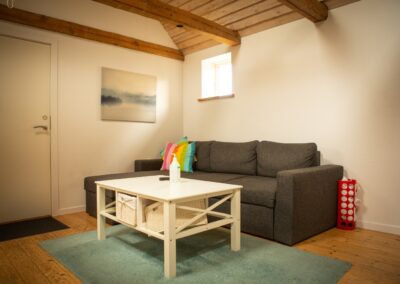 Hyggelig stue med sofa og kunst på væggen i HabitusHuset Sigerslevvej.